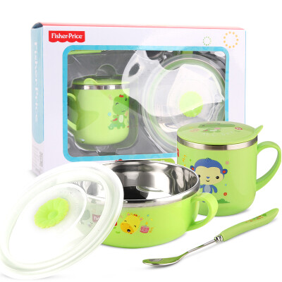 

Fisher-Price children's tableware baby food supplement stainless steel baby bowl with a single handle with a lid spoon set combination 350 + 270ML green