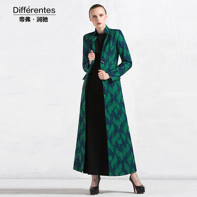 

DF · RS 2017 Autumn&winter new long coat coat female green Slim long-sleeved collar jacquard