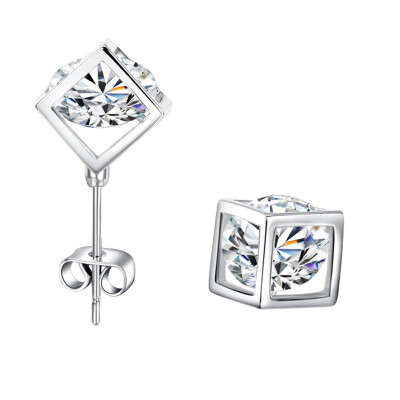 

Yoursfs@ CZ Diamond Box Stud Earrings For Women 18 K White Gold Plated Glitters Cube Filled Clear Zircon Earrings Fashion