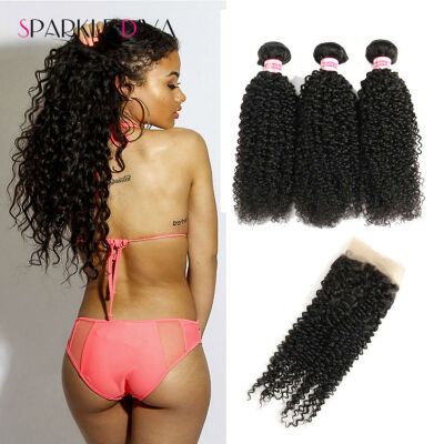 

Brazilian Kinky Curly Human Virgin Hair 3 Bundles With Closure Human Hair Unprocessed Kinky Curly Hair Sparkle Diva hair Products