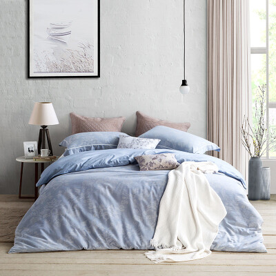 

LOVO Carolina life produced washed cotton yarn-dyed jacquard bedding four-piece Lan Xin suite 18 meters bed 220 240cm