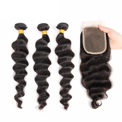 

QDKZJ Brazilian Loose Wave 3 Bundles With Closure Hair Bundles With Lace Closure Brazilian Virgin Hair With Closure Cheap Human