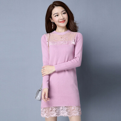 

A pond morning 2017 autumn&winter knitted dress in the long section of the Slim was thin sexy lace long sleeves neck skirt female female S65H0005A26M pink M