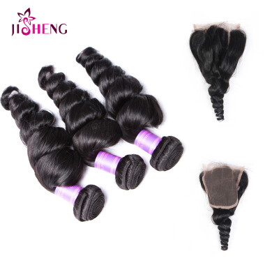 

8A Brazilian Virgin Human Hair Wave 3 Bundles Loose Wave With 44 Lace Closure Remy Hair Extensions