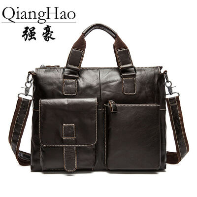 

QiangHao Genuine Leather Men Bag Mens Briefcases 156 inch Leather Laptop Bag business Male men travel Tote crossbody Bags