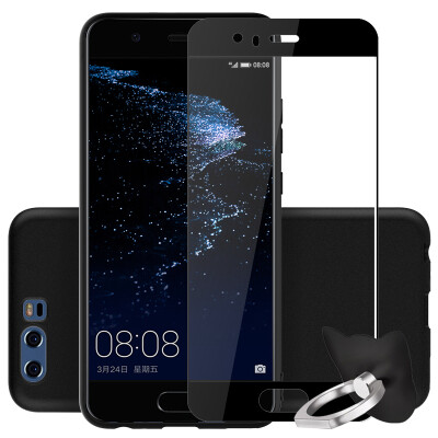 

【Shell three-piece set】 ESCASE Huawei P10 phone shell / all-inclusive matte anti-drop soft shell protective cover elegant black + send ring buckle + black full-screen steel film protection three-piece