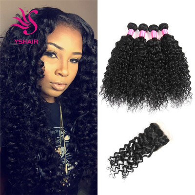 

YS HAIR 7A Water Wave 4 Bundles With 4x4 Free Part Lace Closure Unprocessed Brazilian Virgin Hair Bundles With Lace Closure