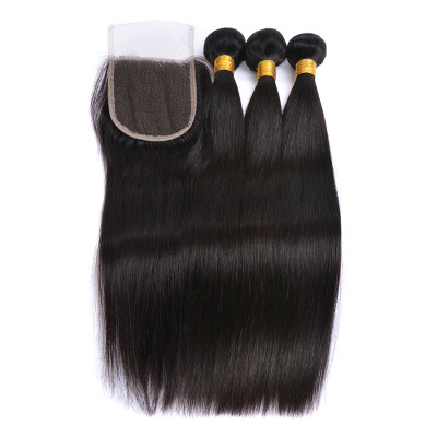 

7A Malaysian Straight Hair 3 Bundles with 44 Lace closure With 3Bundles Straight Malaysian Virgin Hair with 44 Lace Closure