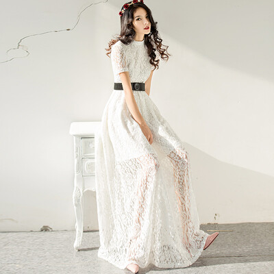 

Weijia 2017 summer new lace dress skirt high waist Slim short sleeve temperament retro hollow dress