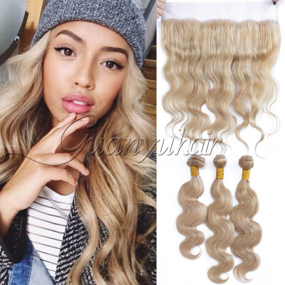 

7A Cheap 13x4 Ear to Ear Lace Frontal Closure With Bundles Brazilian Virgin Hair Body Wave Ombre 27 Honey Blonde Color