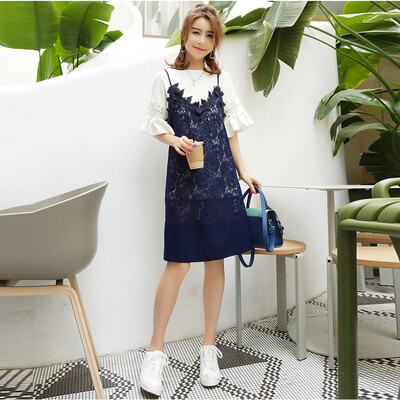 

sustory ladies 2017 summer paragraph Korean version of the lotus leaf five-point sleeve round neck T-shirt harness lace skirt suit dress two-piece SU283 picture color XL