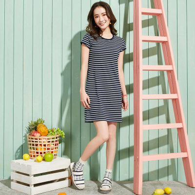 

Semir Dresses Women&39s round necklace simple stripes Straight skirt Korean version 12216140009 White red tone M