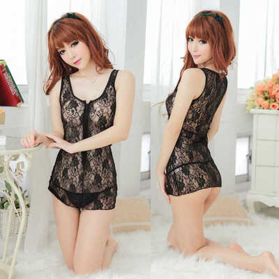 

CXSHOWE Hot Sexy Lingerie Women Lace Babydoll See Through Sleepwear Dress Bathrobe Exotic Underwear Sleepwear Set Black