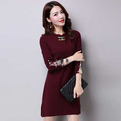 

A morning morning 2017 autumn and winter sweater women's head Slim long section dress long sleeve 054117A3M wine red M