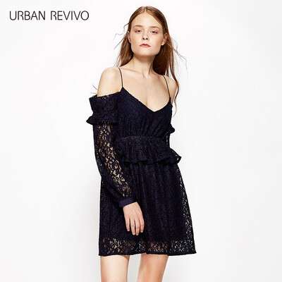 

UR Women 's Lace Perspective Sling Long Sleeve Dresses Deep Blue