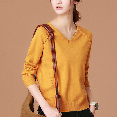 

City plus CITYPLUS 2017 autumn and winter new style women's women V-neck solid color loose stitching sweater shirt sweater shirt CWYC178156 turmeric M