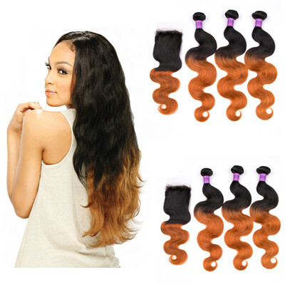 

8A Indian Virgin Human Hair Wave 3 Bundles Ombre Body Wave With 4*4 Lace Closure Remy Hair Extensions