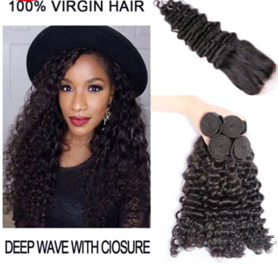 

Peruvian Deep Wave Virgin Hair Bundles With Closure Deep Curly Weave Human Hair With Closure Unice Hair With Closure