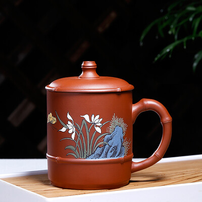

Ming pot edge Zisha Cup Yixing all handmade Zhu mud color mud painted cover cup 510ml