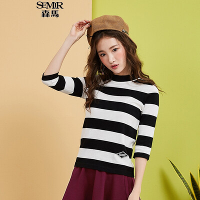 

Semir Knitwear Female 2017 Autumn Striped Stripe Shirt Women Elasticity Shirt 14316070213 White Black Tone L