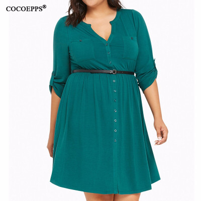 

COCOEPPS 2017 Autumn Women Dresses big size Solid Deep V-Neck Button Lady Dresses plus size casual Dress Work Wear Robes L-6XL