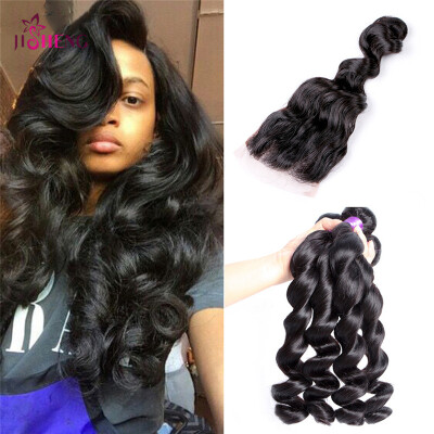 

8A Loose Wave Human Hair Bundles With Closure Brazilian 4 bundles Human Hair With 44 Lace Closure