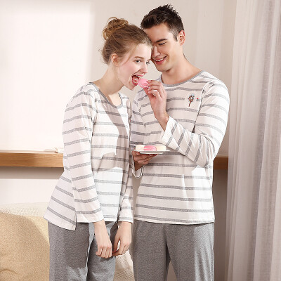 

Red beans home couple pajamas men&women spring&summer cotton long-sleeved striped cartoon home clothing suit 119 Ma gray 185 104A