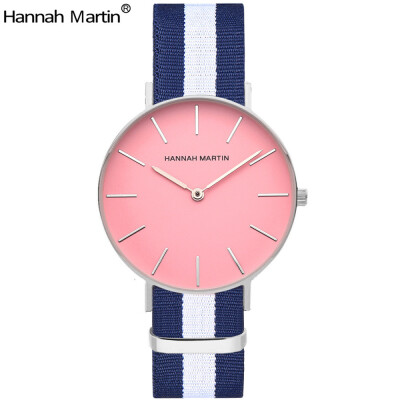 

Hannah Martin Top Luxury Brand Nylon Watches Women New Fashion Casual Leather Quartz Wristwatch Simple Pink Dial Watch