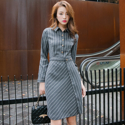 

One morning long morning career dress 2017 autumn new striped bag hip high waist one step skirt S73R0008LA1075S gray stripes