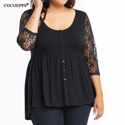 

COCOEPPS Plus size lace tops T Shirt Women 2017 Autumn Winter Three Quart T-shirt Female Black blue Tshirt Women big sizes L-6XL