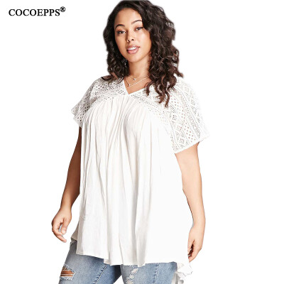 

COCOEPPS Women Large Size New Blouse 2017 Plus Size Ladies Lace Patchwork Shirt O-neck Short Sleeve Shirts Blusas Tops