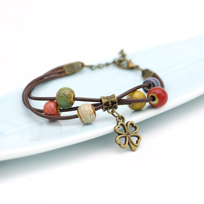 

New Design Fashion bohemia 8mm ceramic Beads Clover Pendant Bracelet for women Bangle Wholesale Jewelry 14-17cm Free shipping