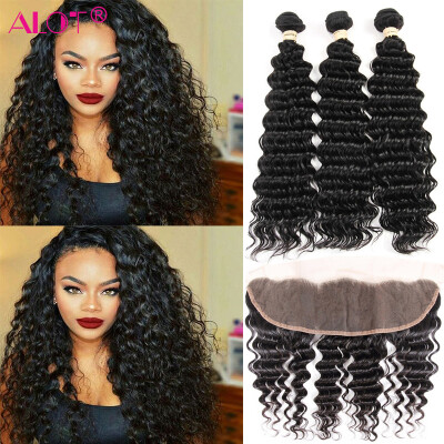 

Alot Hair 100 Human Hair Bundles With Closure Frontal Ear to Ear Peruvain Virign Hair Deep Wave 3 Bundle Hair with Closure