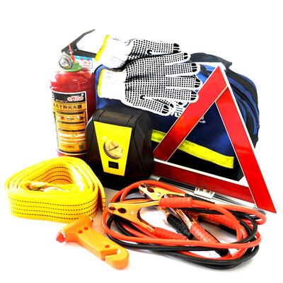 

Libo Car Rescue Pack Emergency Rescue Kit 7 Piece Set Fire Extinguisher Inflator Pump Tripod Battery Line Tow Rope Safety Hammer Glove Kit