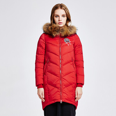 

Flying down jacket women's hooded large collar collar curved hem in the long section of the jacket X1601730 Xinyanghong | 1062 180