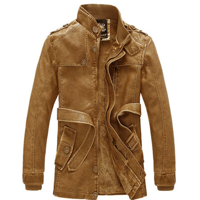

Fashion Mens leather jackets brand men standing collar&long sections Slim washed velvet coat locomotive Piga