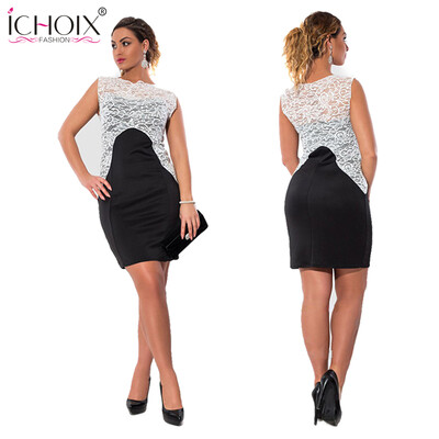 

COCOEPPS Women Large Size New Dress 2017 Plus Size Ladies Lace Patchwork Dresses O-neck Sleeveless Mini Dress Vestidos De Festa