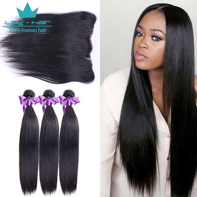 

Lace Frontal with Bundles 8A Unprocessed Malaysian Virgin hair Straight 3 Bundles Free Part