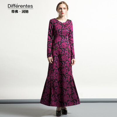 

DF · RS 2017 autumn&winter new long section of long sleeves dress floral round neck retro dress