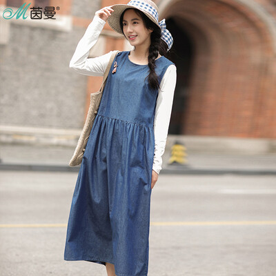 

Yan Man INMAN 2017 autumn new fake two-piece dress in the long section of women received waist denim skirt 1873101086 denim blue S