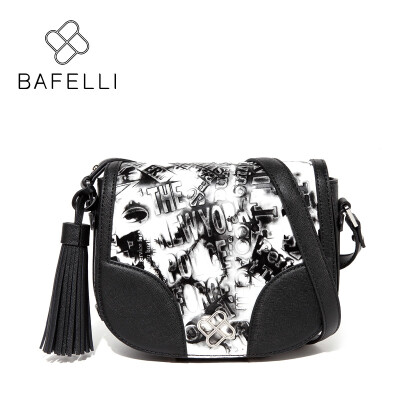 

BAFELLI womens shoulder bag fashion tassel split leather letter printing saddle bag summer crossbody bag white black women bag