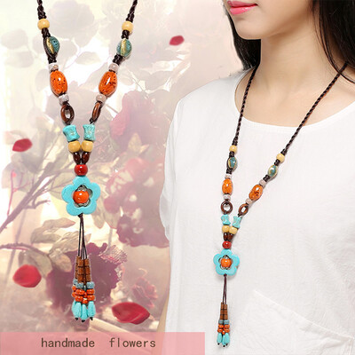 

Vintage long pendant Necklace Ethnic flower jewelry Beads Sweater chain exaggerated accessory Friendship gift