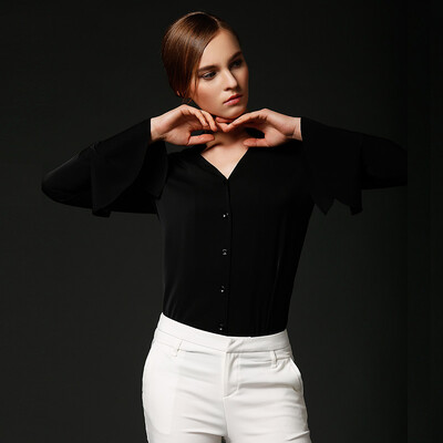 

Marc Rebecca solid color long-sleeved shirt Slim V-neck trumpet shirt shirt blouse
