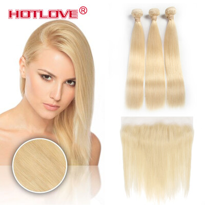 

Brazilian Virgin Hair 613 Blonde Straight Human Hair Weave 3 Bundles With Lace Frontal 13*4 Ear To Ear Lace Frontal With Baby Hair