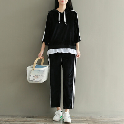 

City plus CITYPLUS 2017 autumn and winter new women's art velvet sports suit Harajuku wind sweater casual two-piece set CWWT179269 gray L