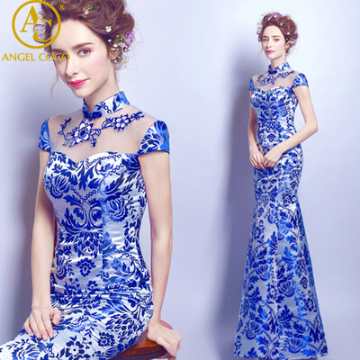 

Chinese Dresses Cheongsam Evening Dress Royal Blue White Womens Bra Satin Sexy Qriental dress Qipao Custom Size 2-26W kaftan