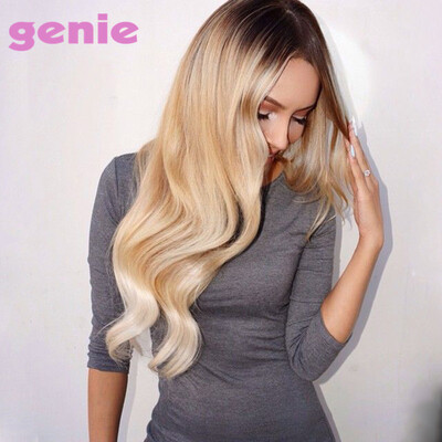 

GENIE Long Wave Blonde Ombre Wig Dark Roots Synthetic None Lace Front Wigs Heat Resistant BlackBlondeTwo Tone Hair For Women