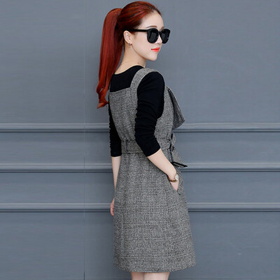 

Fort Sheng 2017 new women autumn&winter temperament long-sleeved A word dress plaid strap suit skirt two-piece zx1783007 black&white grid M