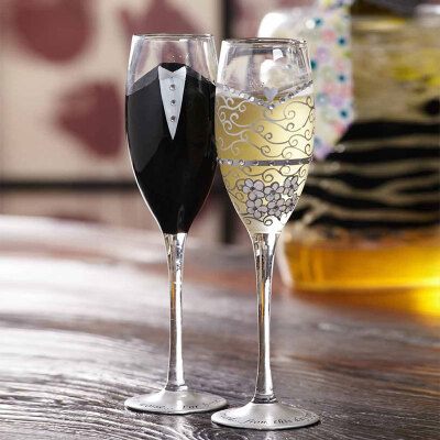 

A Ting Handpainted Champagne Toasting Flute Bride & Groom 8" Set of 2