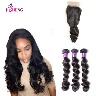 

Malaysian Virgin Hair 3 Bundles Body Wave with Closure Bouncy Human Hair Extensions 1B Color Bundles with Lace 4x4 Closure